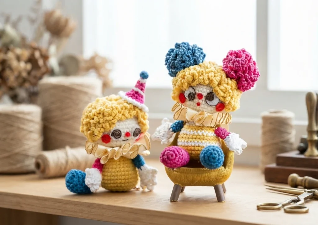Two crocheted clown dolls with curly yellow hair, pompoms and ruffled collars, one seated in a small yellow chair and one standing beside it on a wooden table, with spools of yarn and scissors in the background.