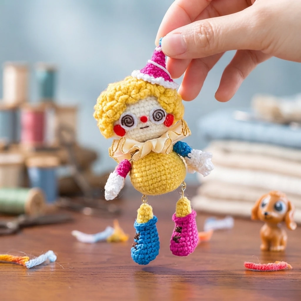 Hand holding a small crocheted clown doll by the tip of its pink striped hat, with yellow curly hair, a cream face with red cheeks and swirl eyes, a yellow body, a cream collar, and dangling blue and pink legs with dark buttons, above a woo