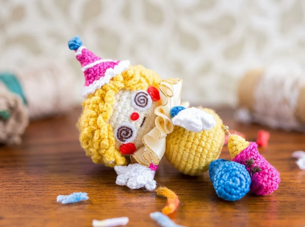 Crocheted clown doll lying on its side on a wooden table, wearing a pink and white pointed hat with a blue pompom, curly yellow hair, a white face with swirl eyes and a red pompom nose, a gold ruffled collar, a yellow body and blue and pink