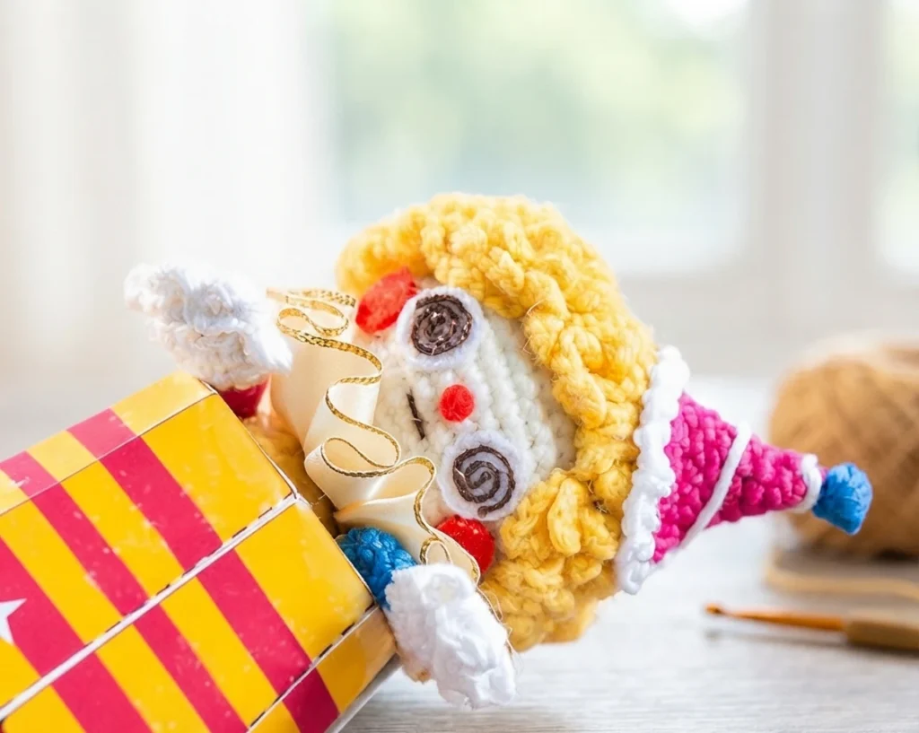 Crocheted clown doll with curly yellow hair and a pink cone hat with a blue pom pom, peeking out of a red and yellow striped box, with a wooden crochet hook and a ball of brown yarn blurred in the background.