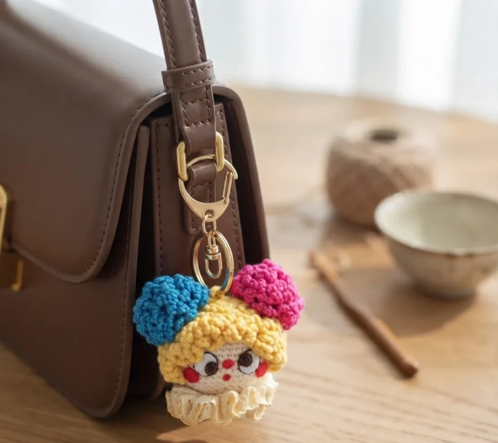 Crochet clown keychain with yellow yarn hair, a blue pom-pom and a pink pom-pom, red cheeks and a ruffled collar, hanging from a gold clasp on a brown leather handbag resting on a wooden table, with a ball of twine and a small bowl blurred