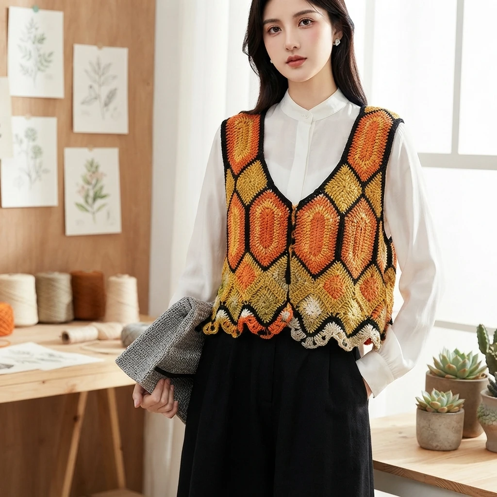 Woman with long dark hair wearing an orange and yellow crochet vest with large hexagon motifs and a scalloped lower edge, over a white buttoned blouse and black trousers, standing in a bright room with a wooden table, yarn skeins, potted su