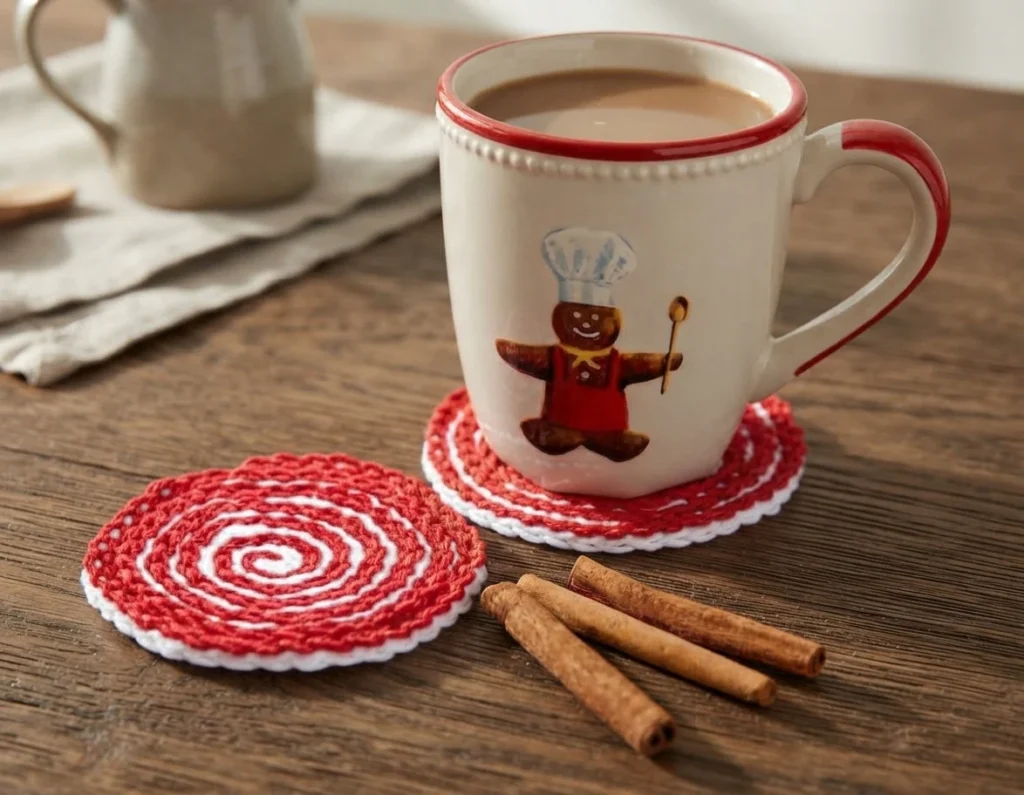 Two red-and-white spiral crochet coasters beside a mug of hot chocolate and cinnamon sticks.