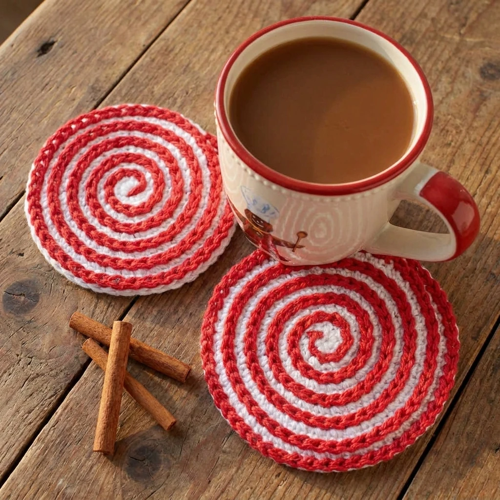 Two red-and-white spiral crochet coasters beside a mug of hot chocolate and cinnamon sticks.