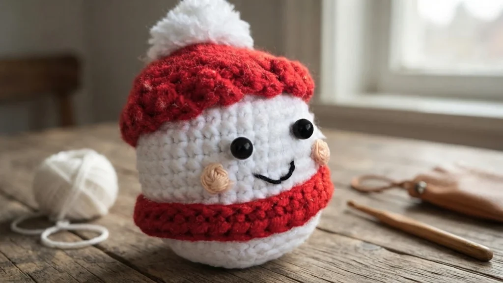 Boule de Noël au crochet blanche et rouge avec un visage souriant, posée près d’une pelote et d’un crochet.