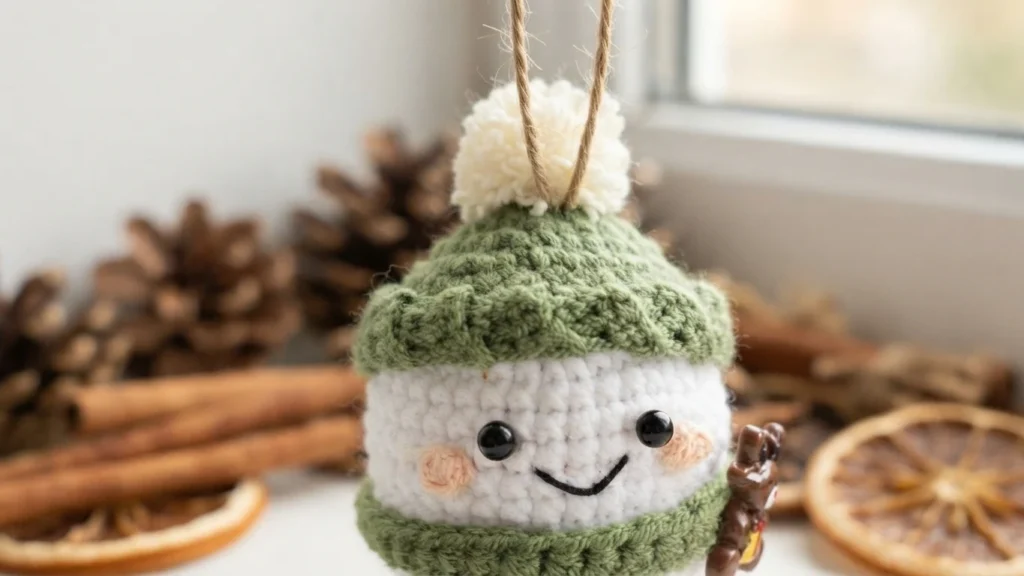 A smiling white crocheted ornament with green bands, peach cheeks, a white pompom and a tan hanging cord, displayed near pinecones and dried citrus.