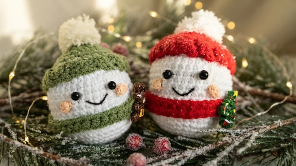 Two smiling crocheted snowmen in green and red winter outfits among snowy branches and warm lights.