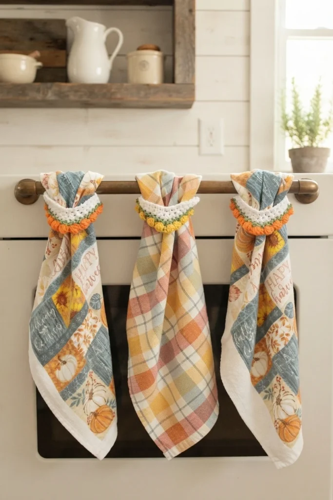 Three autumn-print kitchen towels hang from a bar, each gathered with a white, green, and orange or yellow crocheted topper.