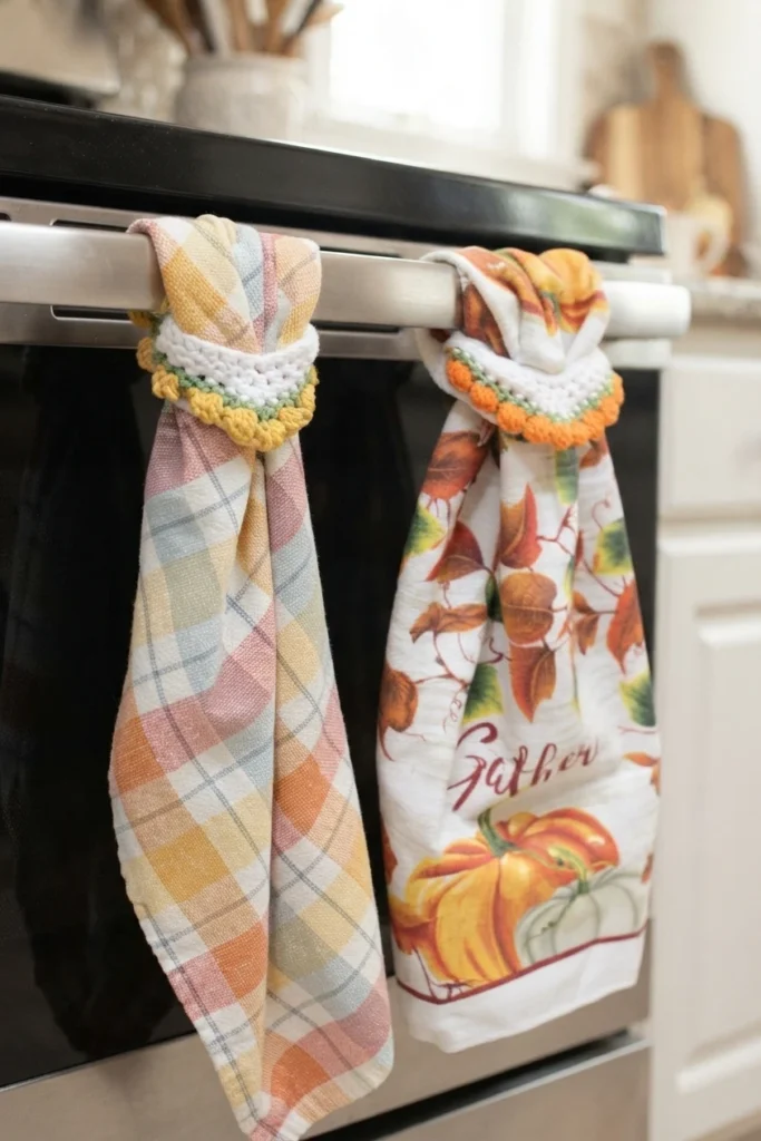 Two kitchen towels with white, green, and orange crocheted toppers hang from an oven handle.