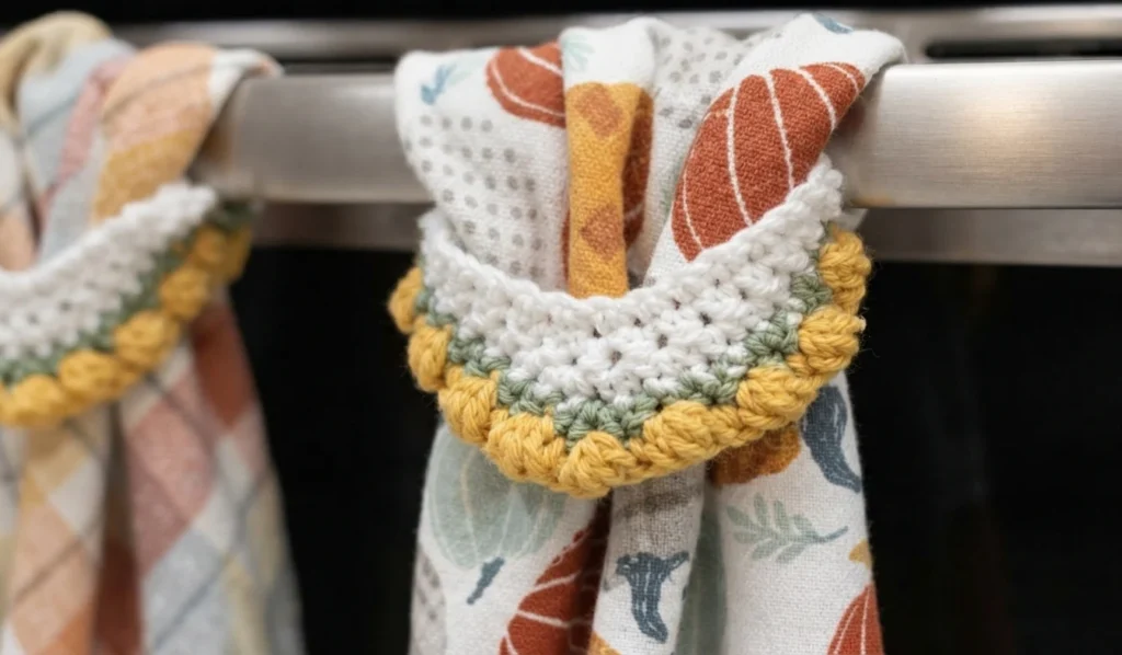 Gros plan d’un topper au crochet blanc, vert et jaune fixé à un torchon à motif d’automne suspendu à la poignée d’un four.