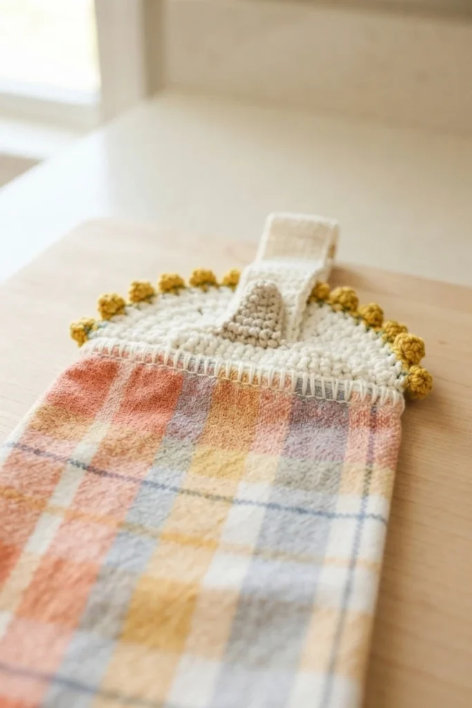 Close-up of a plaid kitchen towel with a cream crochet topper, mustard bobble edging, and a beige hanging tab.