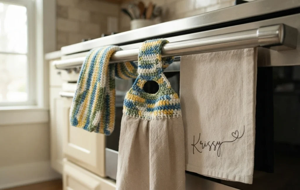 A beige kitchen towel with a blue, yellow, and green crocheted topper hangs from an oven handle, beside a striped towel.