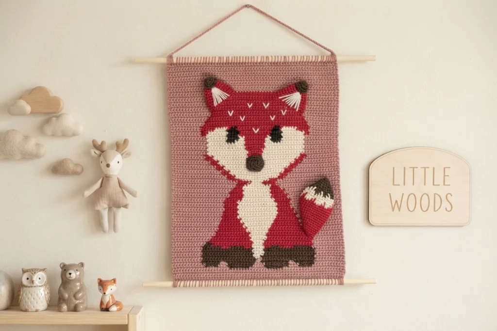 Crocheted pink wall hanging with a red and cream fox, displayed on a wooden rod in a nursery.