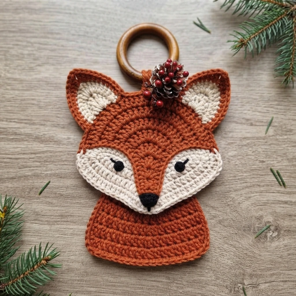 A crocheted fox face and body in rust, cream, and brown yarn, topped with a wooden hanging ring and a pinecone-and-berry decoration.