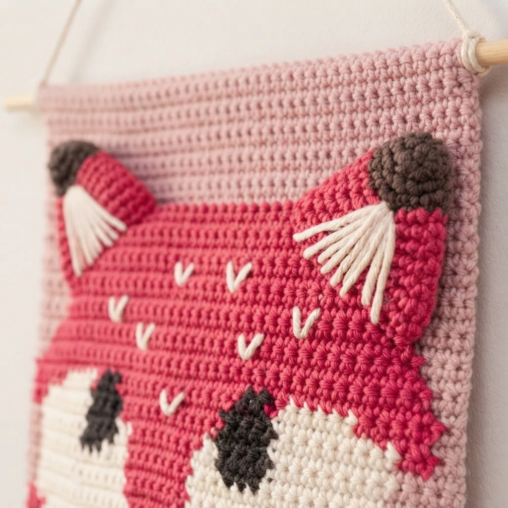 Close-up of a pink crochet wall hanging with a red fox face, white embroidered ear details, dark ear tips, and a wooden dowel.