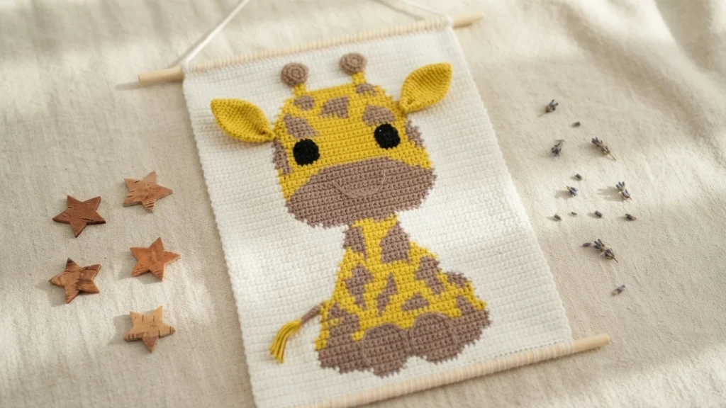A yellow-and-taupe crocheted giraffe wall hanging on wooden dowels, with wooden stars and lavender sprigs beside it.