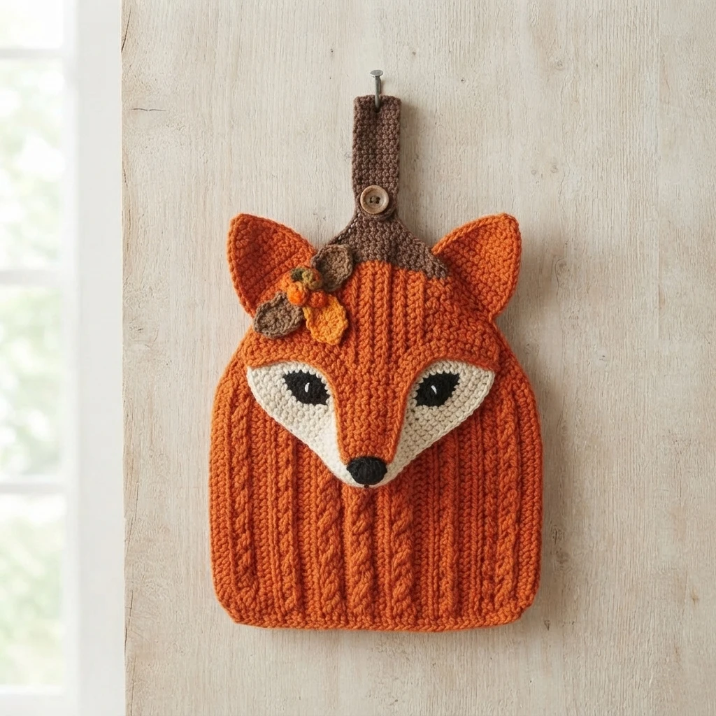 Orange crocheted fox-shaped wall hanging with a ribbed body, pointed ears, a white face, and a small flower decoration.