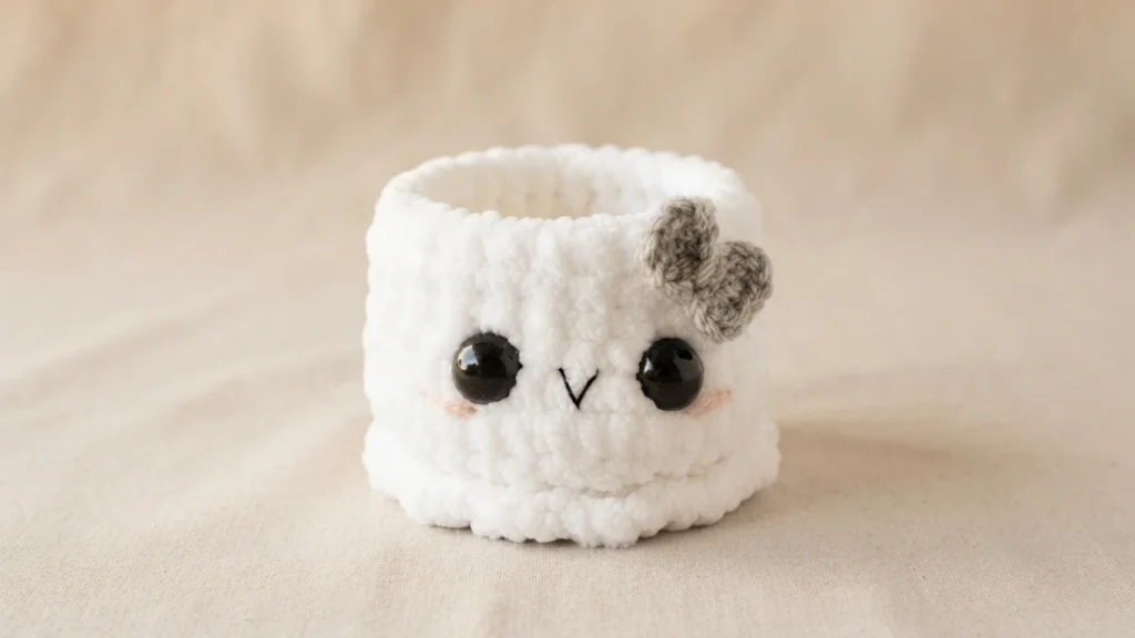 Petit pot en crochet blanc imitant un fantôme, avec deux yeux de sécurité noirs, un sourire brodé en forme de V, des joues rosées et un petit nœud gris chiné sur le côté, posé sur un tissu beige.