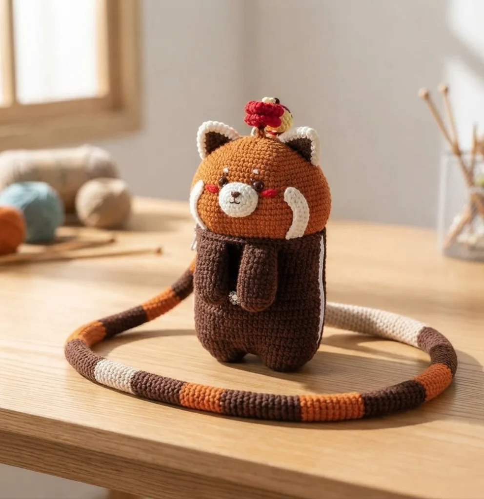 Crocheted red panda chest bag with striped strap standing upright on a wooden table, yarn balls softly blurred in the background.