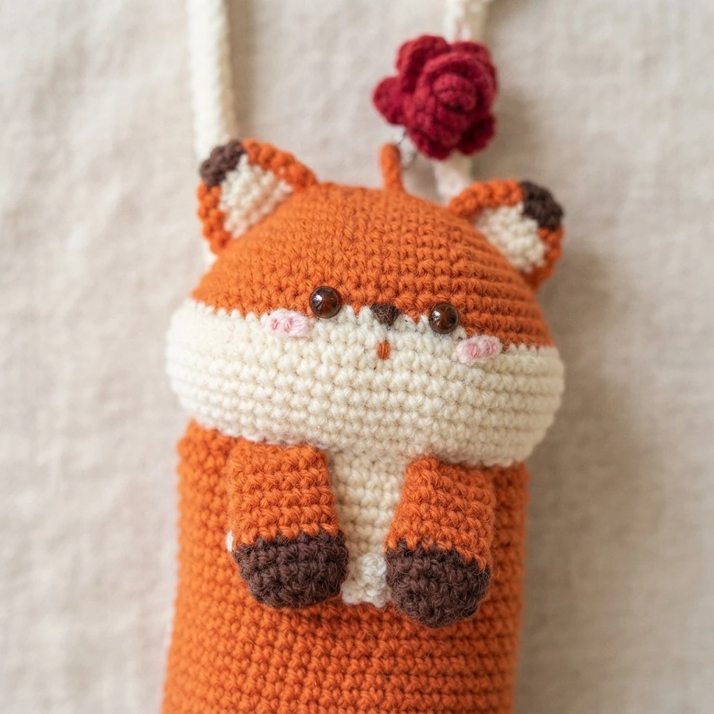 Close-up of a crocheted fox chest bag in orange and cream with brown-tipped ears and paws, dark safety eyes, pink embroidered cheeks, and a red crocheted rose charm on its strap.