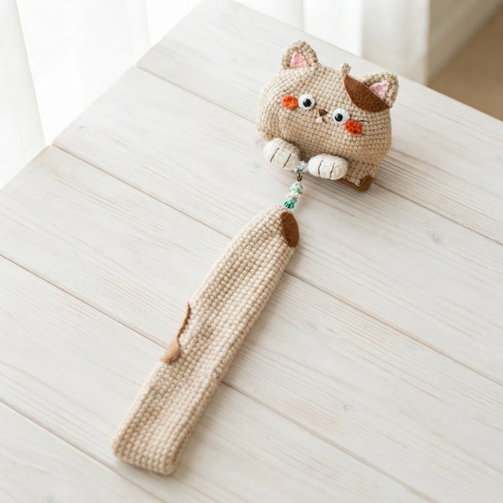 Crocheted beige cat chest bag with a long shoulder strap lying on a white wooden table