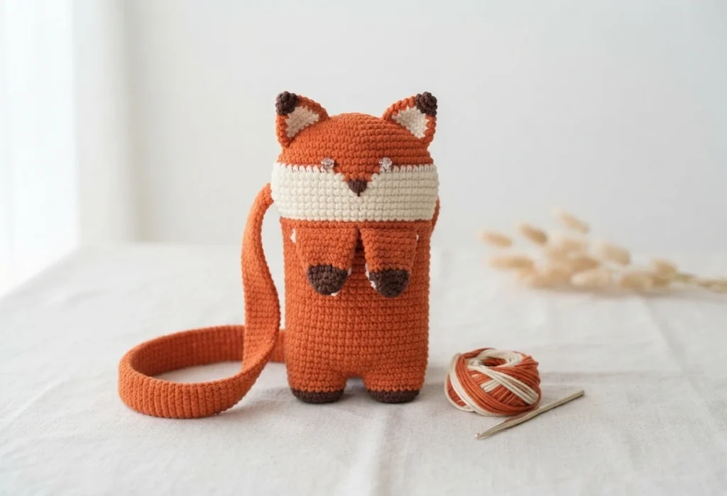 Crocheted orange fox crossbody bag with cream cheeks, brown ear tips and paws, and a long coiled strap, standing beside a ball of orange and cream yarn and a crochet hook