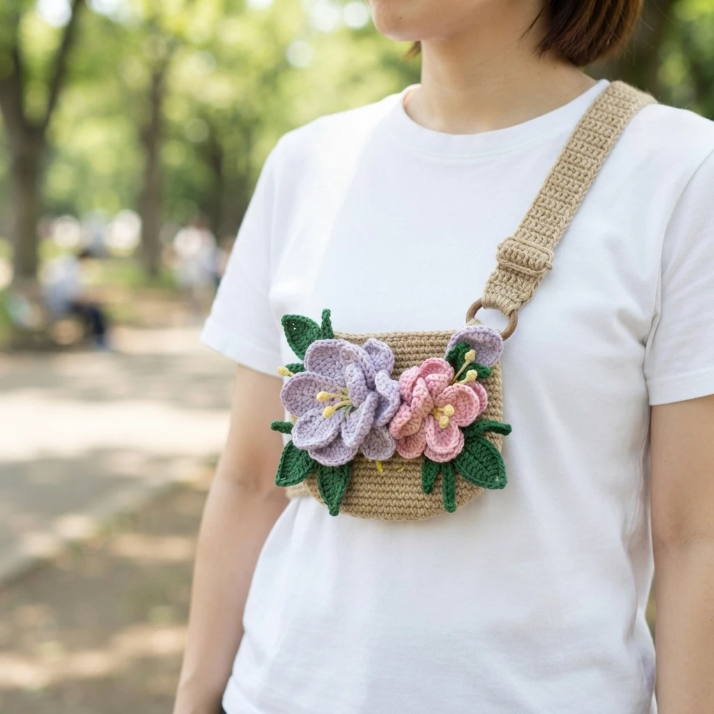 Person in a white T-shirt wearing a tan crocheted crossbody bag decorated with large purple and pink crochet flowers and green leaves, outdoors in a park.