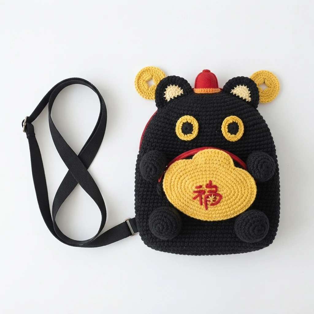 Crocheted black chest bag shaped like a lucky cat, decorated with yellow coin motifs, red accent details, a gold front pocket with a red symbol, and a long black strap
