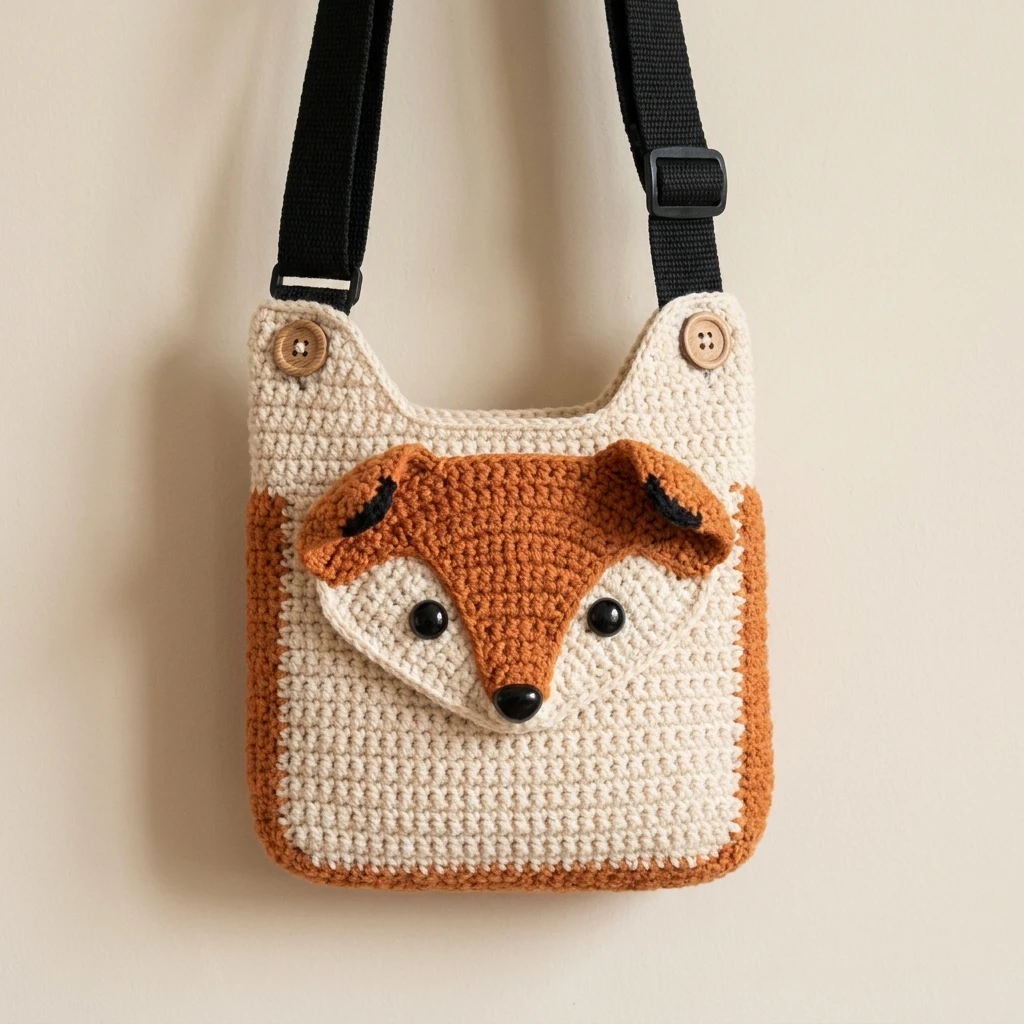 Crochet crossbody bag with a fox face applique in cream and rust orange, black webbing strap with buckle and two wooden buttons