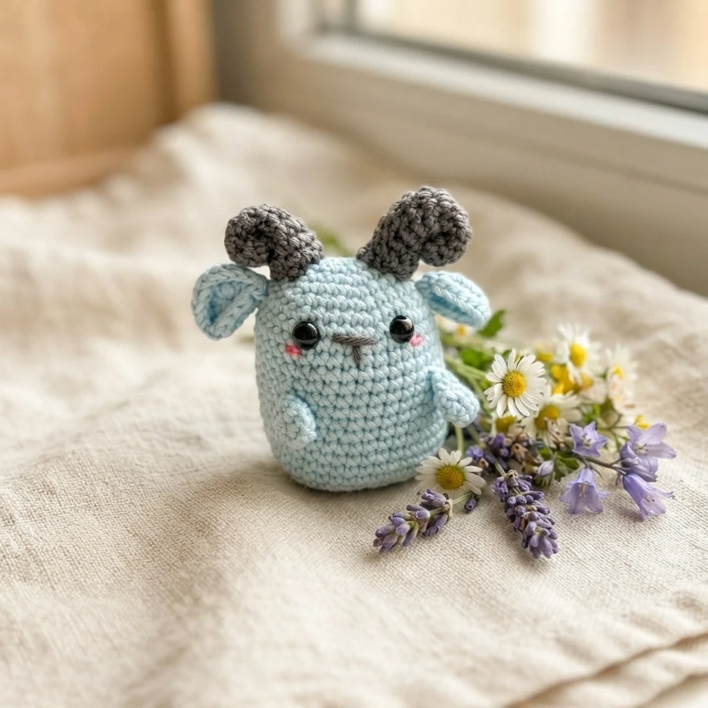 Light blue crocheted amigurumi goat with gray curled horns and floppy ears resting on linen beside small white and purple flowers.