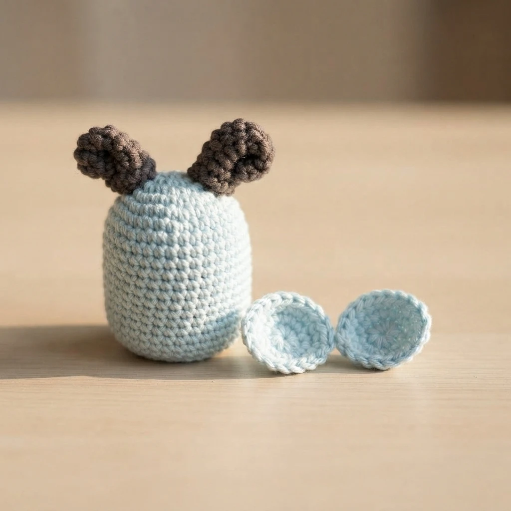Small blue crocheted amigurumi goat body with two brown curly horns, seen from behind on a light wooden surface, with two unattached light-blue crocheted ear pieces lying in front.