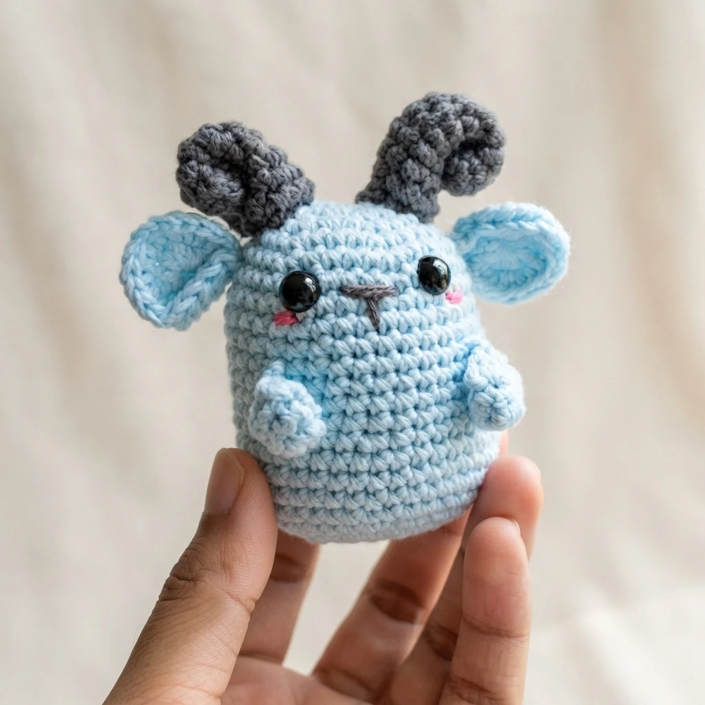 Light blue crocheted amigurumi goat with gray curled horns, black safety eyes, embroidered mouth and pink cheeks, held in a hand against a neutral beige background