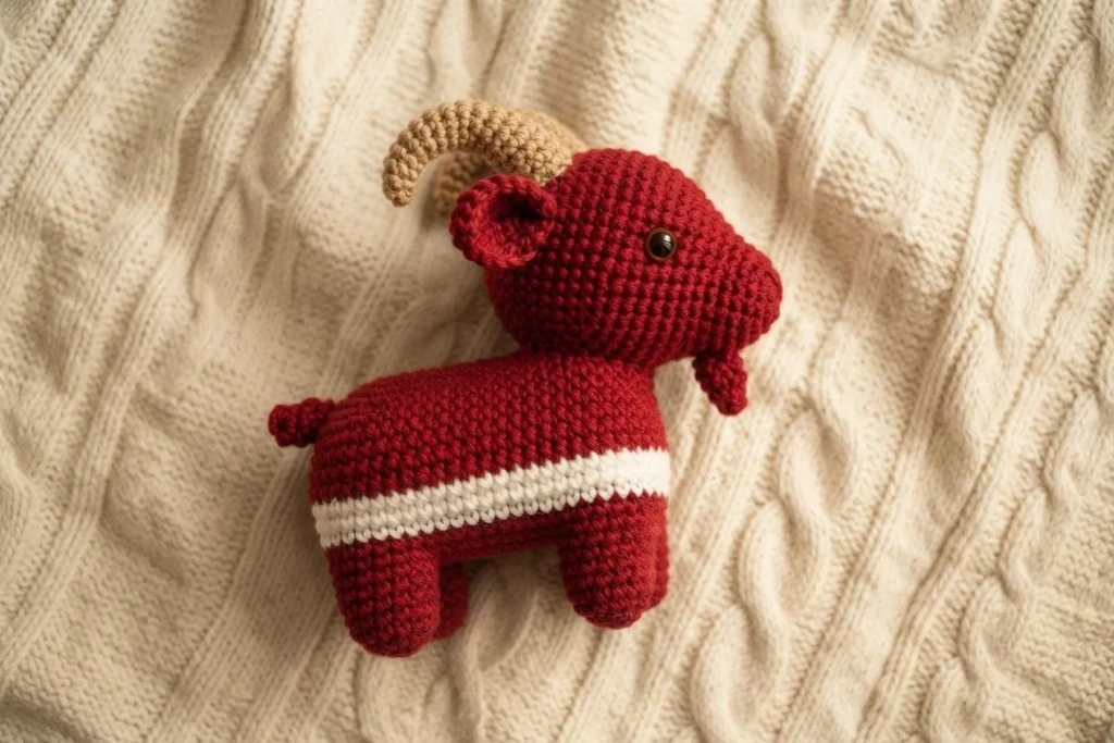 Crocheted red amigurumi goat with tan horns and a white belly stripe, lying on a cream cable knit blanket