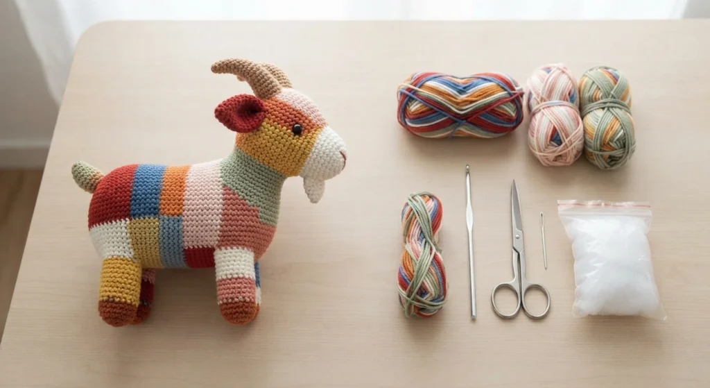 A crocheted patchwork goat in red, blue, orange, pink and green yarn standing on a wooden table next to yarn skeins, a crochet hook, scissors, a yarn needle and a bag of white stuffing.