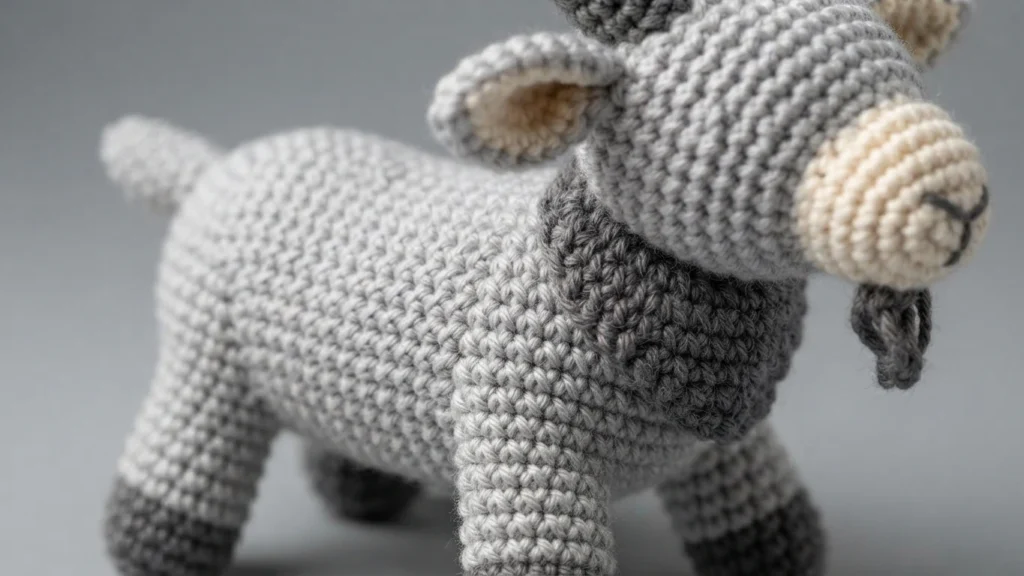 Close-up of a gray crocheted goat amigurumi with a dark gray beard and cream muzzle