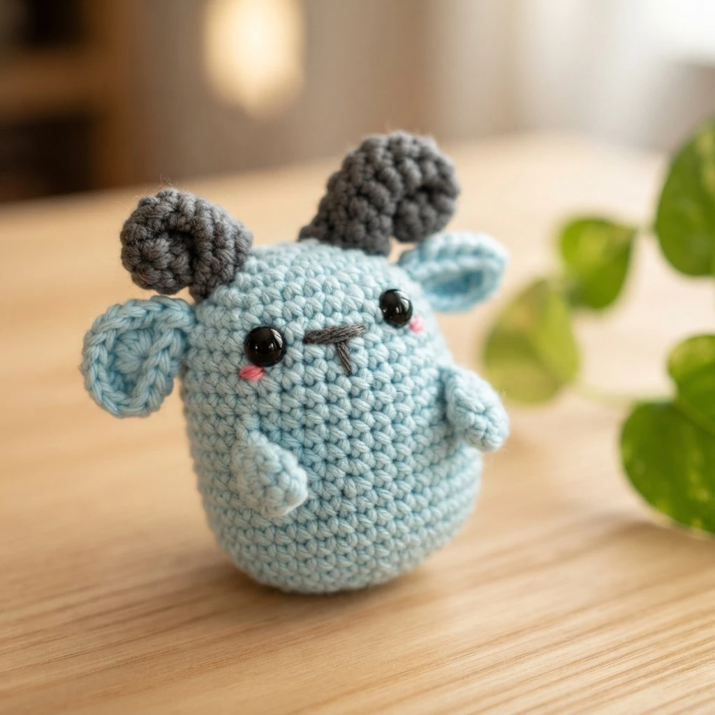 Small blue crocheted amigurumi goat with gray curled horns, blue ears, black safety eyes, pink cheeks and an embroidered gray mouth, sitting on a light wooden table with green leaves blurred in the background.