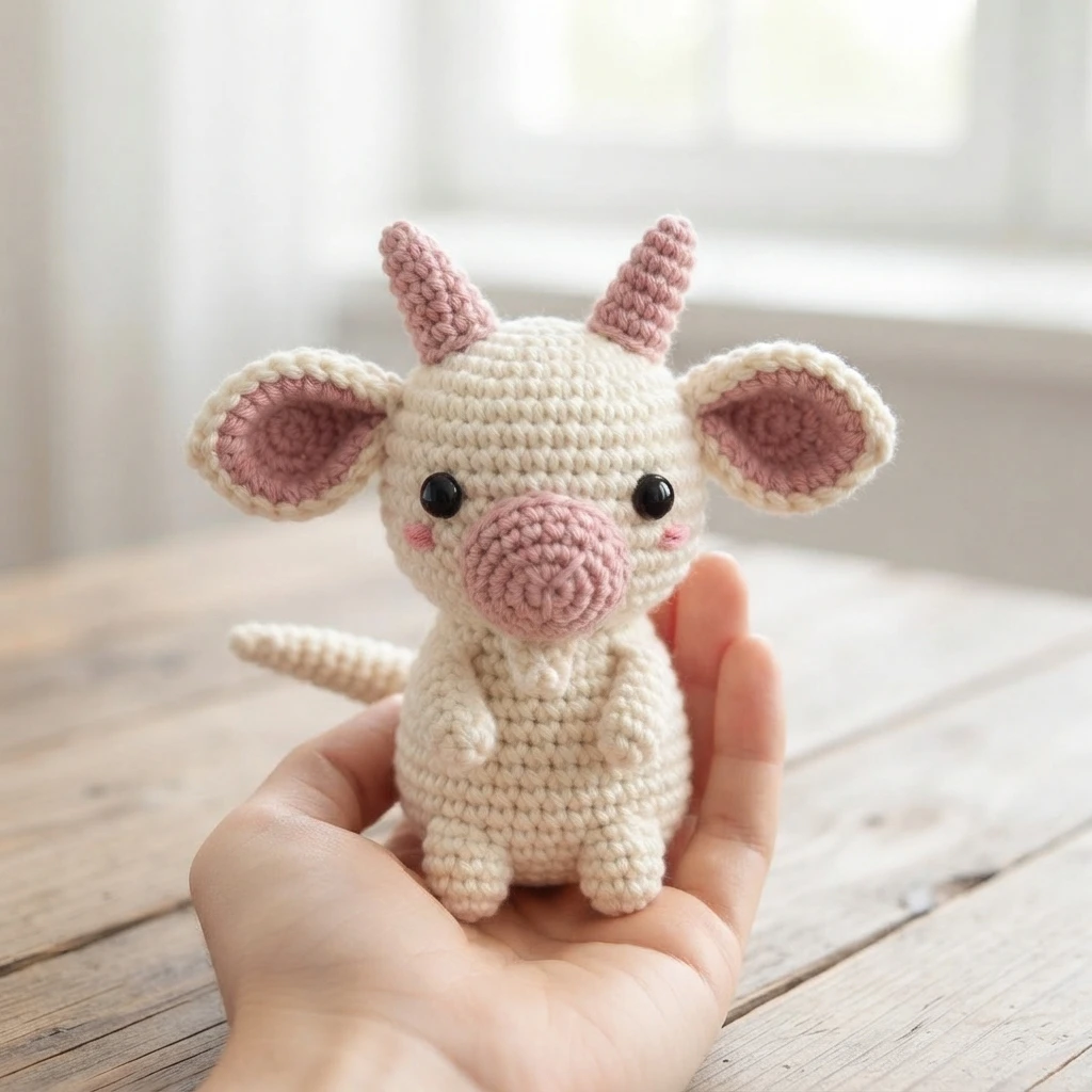 Cream crocheted amigurumi horned animal with pink horns, pink inner ears and a large pink snout, held in a hand above a wooden table.