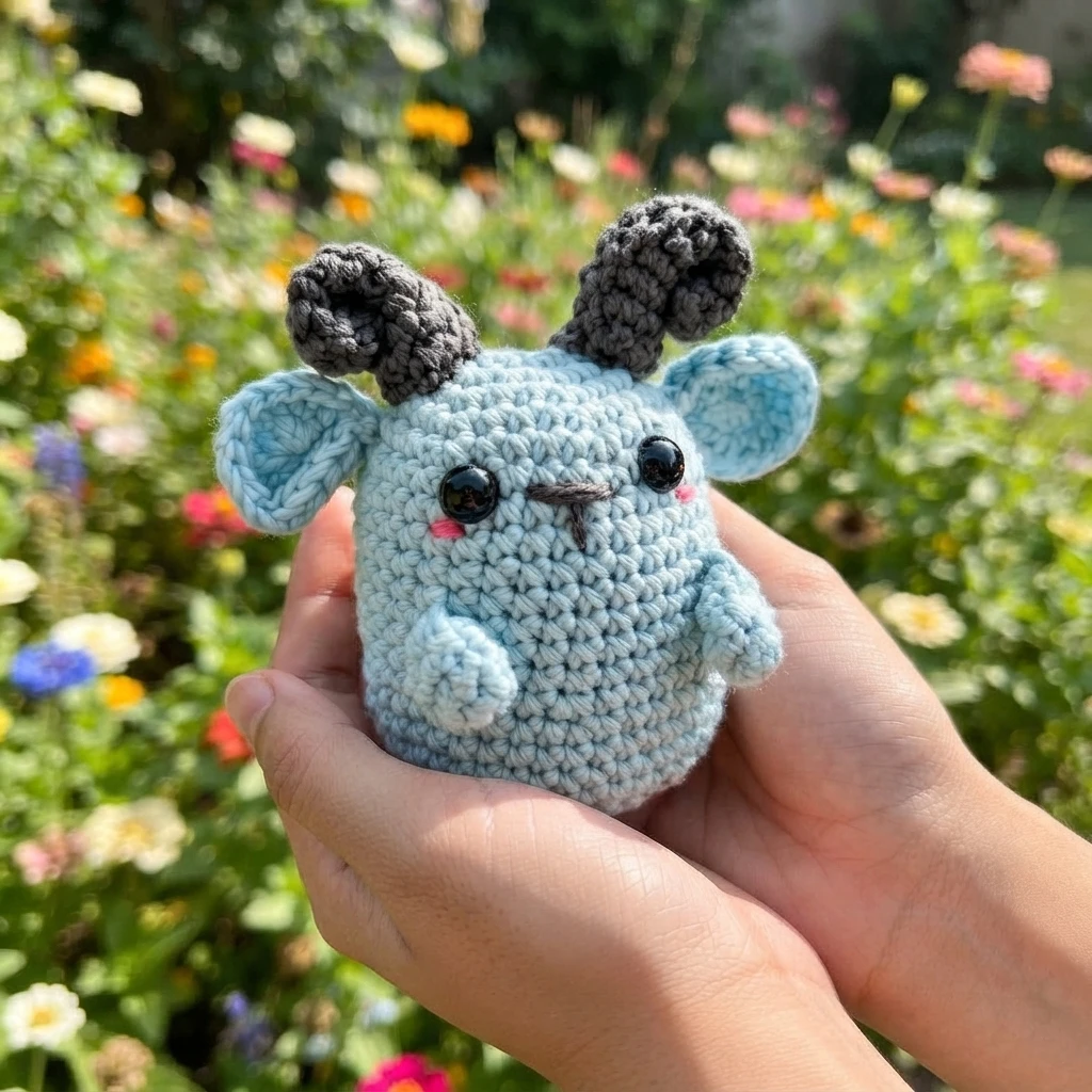 Light blue crocheted amigurumi goat with dark gray horns and embroidered face held in both hands against a flower garden background.