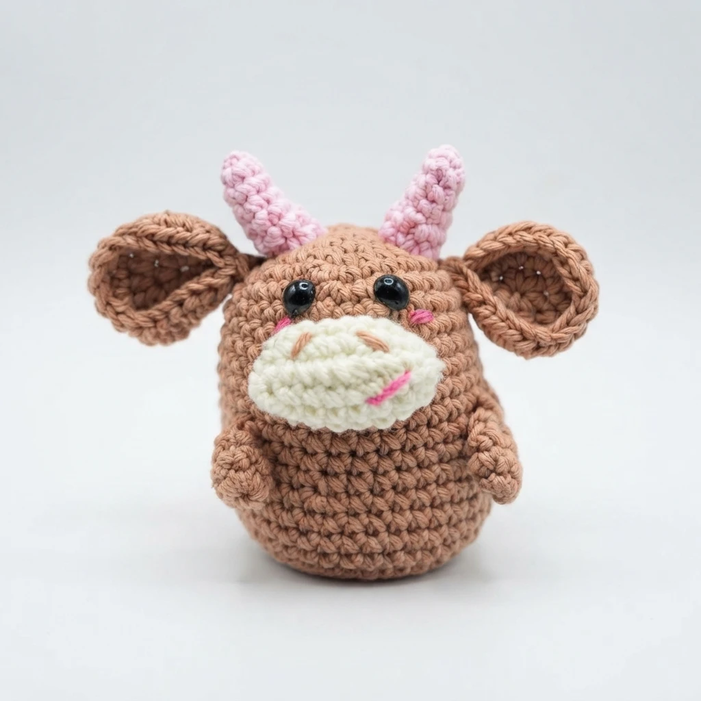 A brown crocheted amigurumi ox with pink horns and a cream muzzle centered on a plain white background