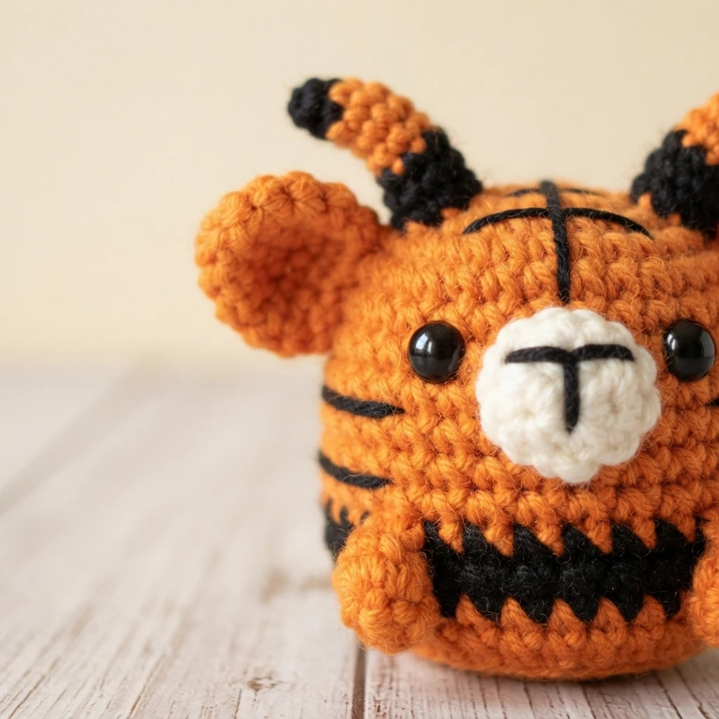 Close-up of a crocheted orange and black striped tiger amigurumi with a white muzzle resting on a light wooden surface