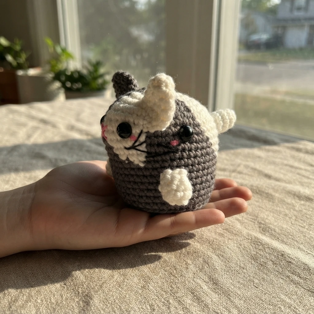 Handmade gray and white crocheted zodiac cat rabbit amigurumi resting in a palm beside a sunny window.