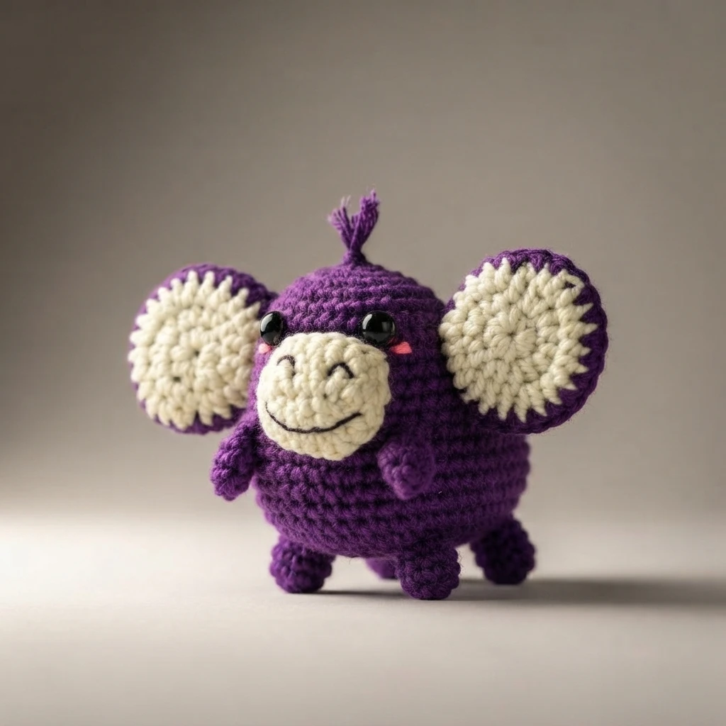 Purple crocheted monkey amigurumi with cream muzzle and large round cream and purple ears, standing on a light neutral background