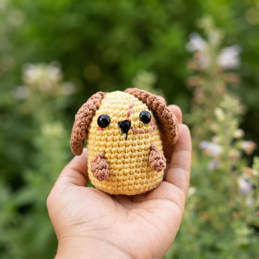 Small yellow crochet amigurumi dog with brown floppy ears, black safety eyes and an embroidered nose, resting in a hand.