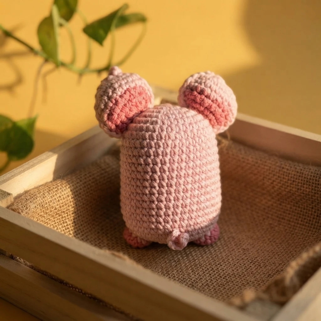 Back view of a pink crocheted pig amigurumi with darker pink inner ears, feet and curly tail, sitting in a wooden crate lined with burlap