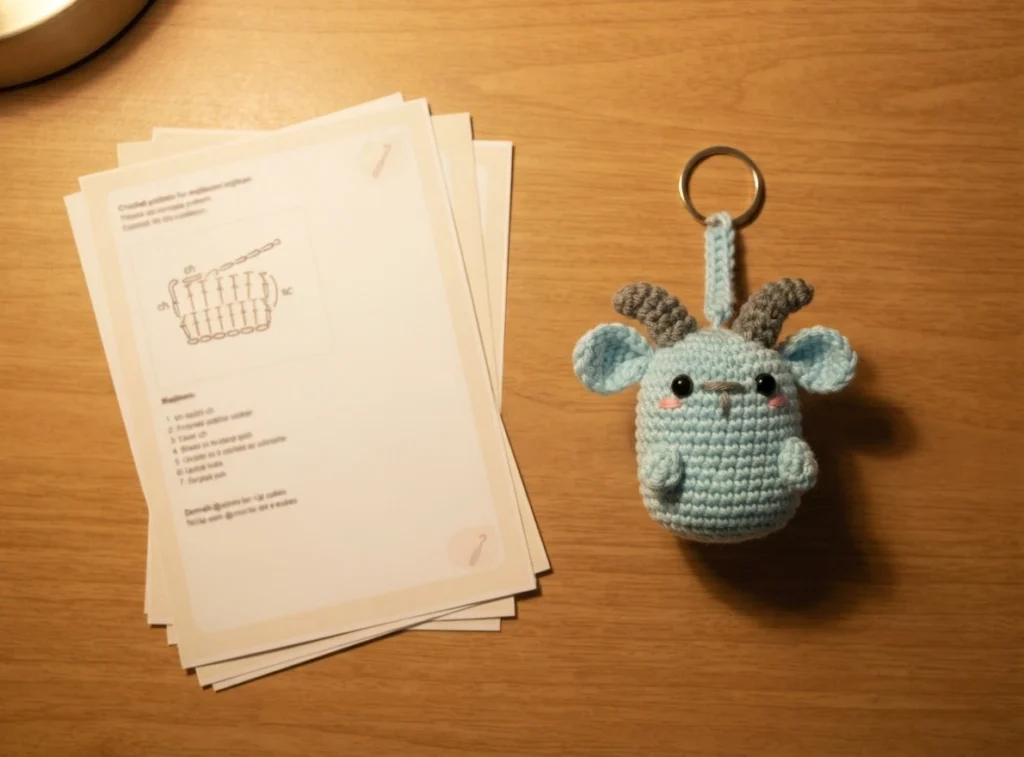 Crocheted light blue goat amigurumi keychain with gray horns and a metal ring, lying beside printed pattern pages on a wooden desk