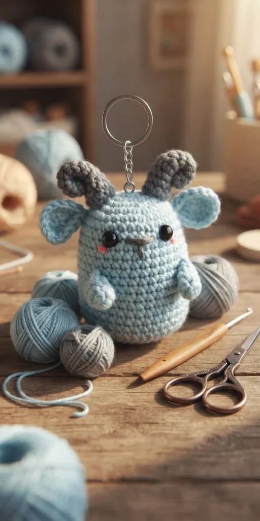 Finished blue crocheted goat amigurumi keychain with gray curled horns, black eyes and pink cheeks on a wooden craft table with yarn balls, crochet hook and scissors