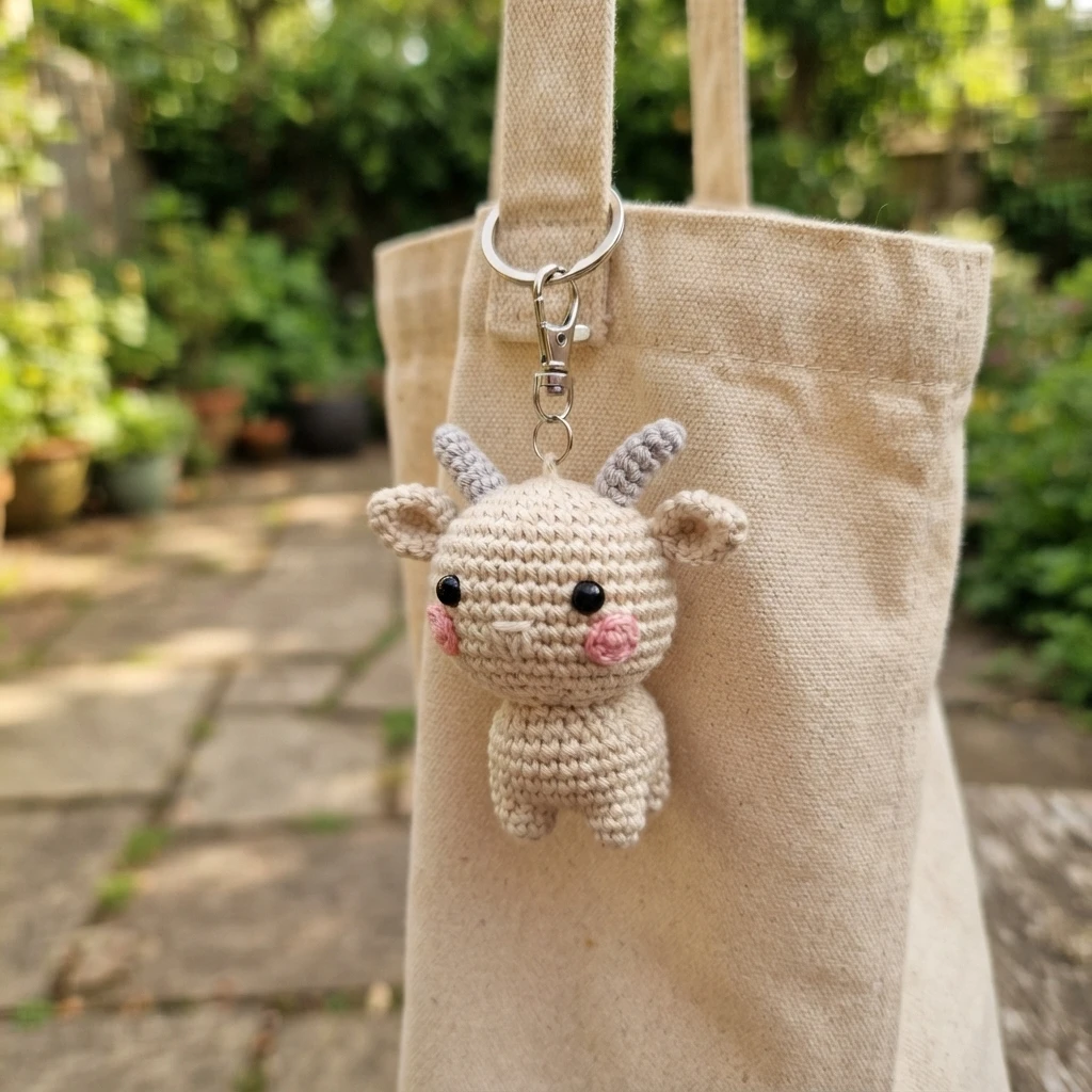 A cream crocheted goat keychain with grey horns, black eyes and pink cheeks hanging from a beige tote bag strap in a garden.