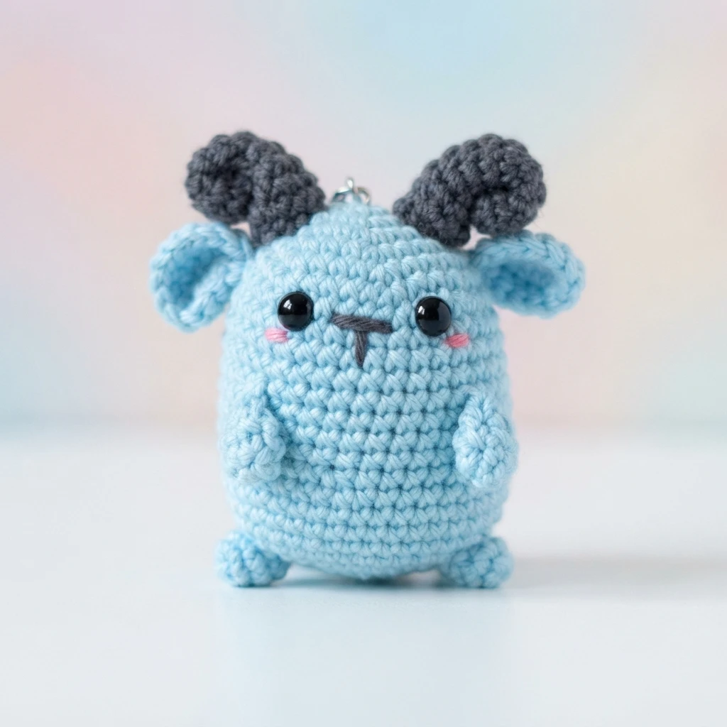 Blue crocheted goat amigurumi with dark gray curled horns, black safety eyes, pink cheeks and an embroidered gray nose and mouth, standing on a white surface with a small metal keychain ring on its head.