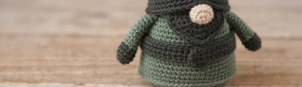 Close-up of a crocheted gnome torso in green yarn with a charcoal belt wrapped around the middle, a round cream buckle at the front and a dark brim above, photographed on a light wooden surface.