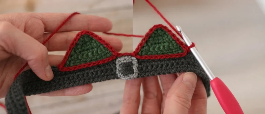 Two progress photos of hands holding a dark grey crocheted belt with a grey buckle and two green collar triangles, with red yarn being surface crocheted along the collar edge using a red handled hook.